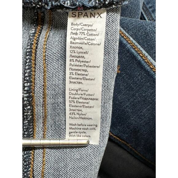 Spanx Jeans Womens Large Distressed Skinny Dark Wash Denim Stretch Shaping Slim - Picture 5 of 9